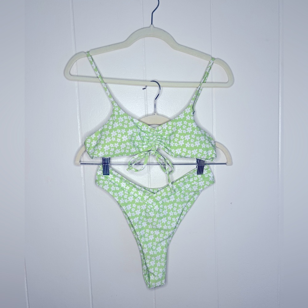 Green Floral Tie-Front Bikini Set